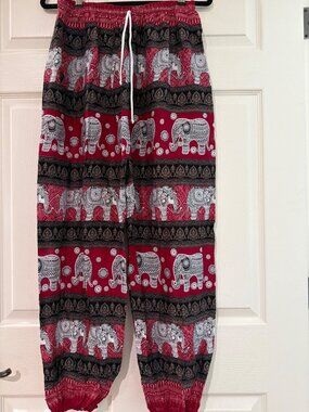 Boho Elephant Print Harem Pants With Elastic Waist & Ankles Red & Black Lightwei